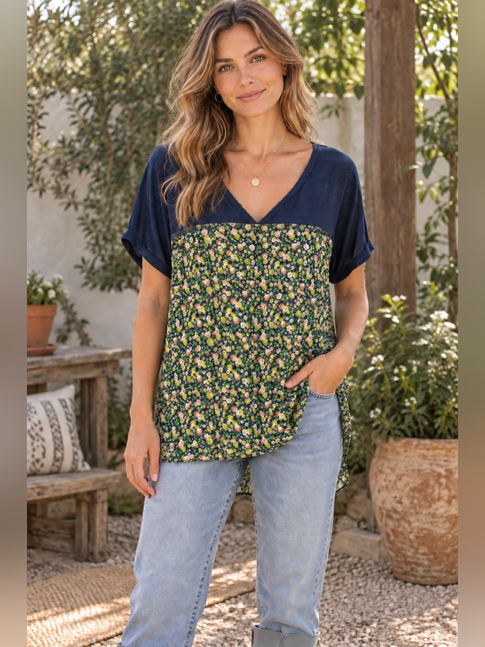 Free People Ditsy Floral Lace Navy Green High Low Babydoll Tunic Top, Boho, L